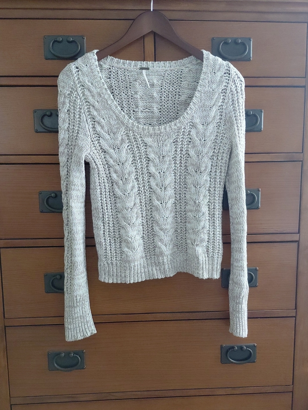 Free People Heathered Taupe Cable Scoop Neck Sweater